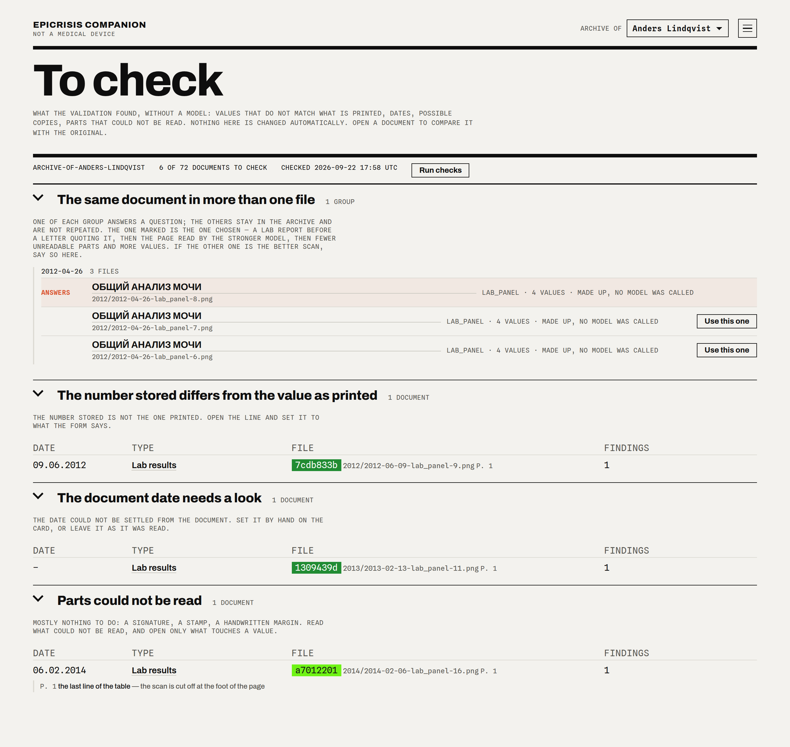 The page of what needs checking